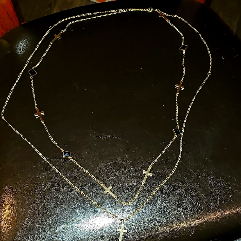 Gold & Black Cross Layered Necklace!! BEAUTIFUL